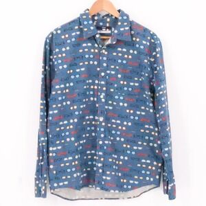 Ciaopanic Japan Long Sleeve Button Shirt Mens Blue‎ Glasses Cotton Linen Size L